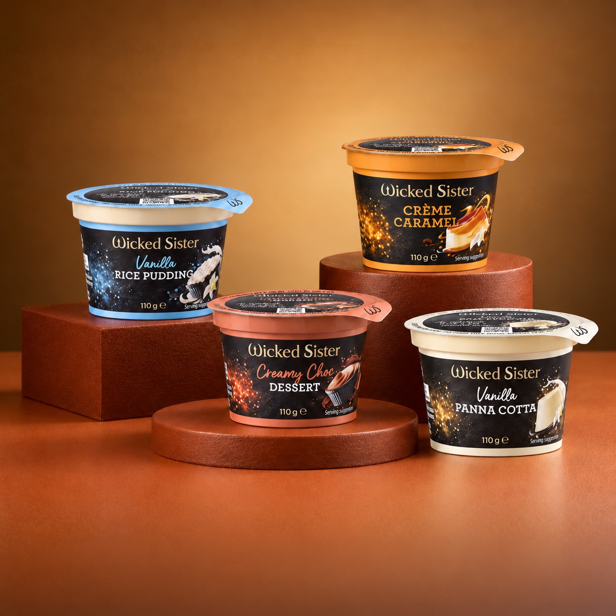 Wicked Sister food service range – Vanilla Rice Pudding, Creamy Choc Dessert, Crème Caramel and Vanilla Panna Cotta